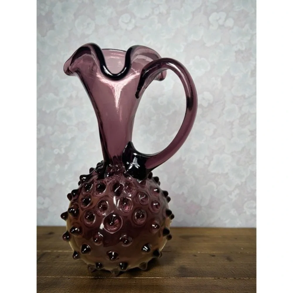 Vintage Amethyst Purple Hobnail Art Glass Pitcher Hand Blown Decorative‎ Cruet
